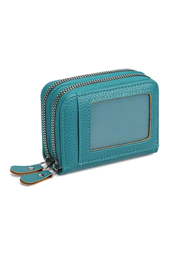  Damski smukły portfel z PU z podwójnym zamkiem błyskawicznym, turkusowo-zielony, ochrona RFID, 10*4*8 cm