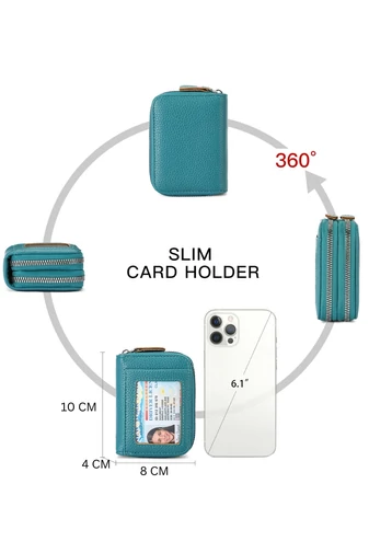  Damski smukły portfel z PU z podwójnym zamkiem błyskawicznym, turkusowo-zielony, ochrona RFID, 10*4*8 cm