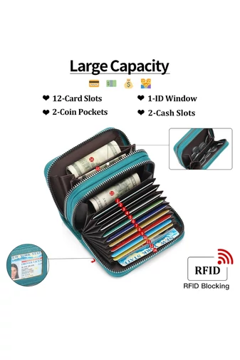  Damski smukły portfel z PU z podwójnym zamkiem błyskawicznym, turkusowo-zielony, ochrona RFID, 10*4*8 cm