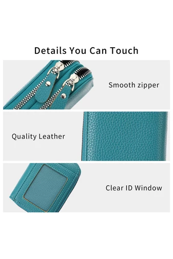  Damski smukły portfel z PU z podwójnym zamkiem błyskawicznym, turkusowo-zielony, ochrona RFID, 10*4*8 cm