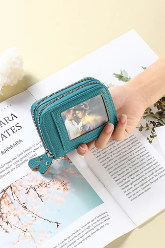  Damski smukły portfel z PU z podwójnym zamkiem błyskawicznym, turkusowo-zielony, ochrona RFID, 10*4*8 cm