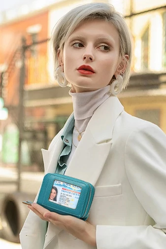  Damski smukły portfel z PU z podwójnym zamkiem błyskawicznym, turkusowo-zielony, ochrona RFID, 10*4*8 cm