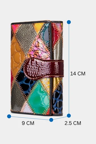  Portfel damski z naturalnej lakierowanej skóry, wielokolorowy wzór z diamentami, 14x9x2,5 cm