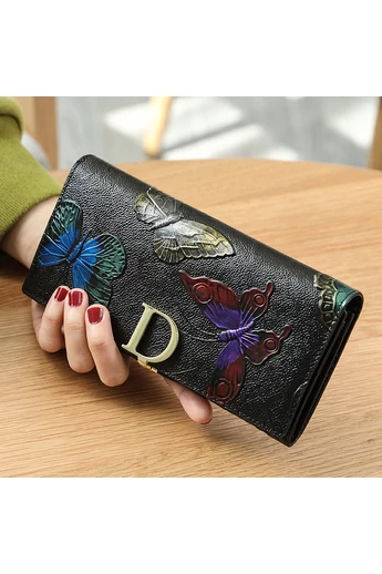  Portfel z kolorowym wzorem motyli wykonany ze skóry naturalnej Wymiary (10*19,5*3 cm)