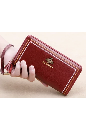  Oryginalny skórzany portfel damski w kolorze wiśniowo-czerwonym z przeszyciami