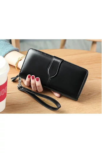  Czarny portfel damski Bonluo wykonany z najwyższej jakości skóry naturalnej z dwiema przegrodami, wymiary (19 x 9,5 x 3 cm)