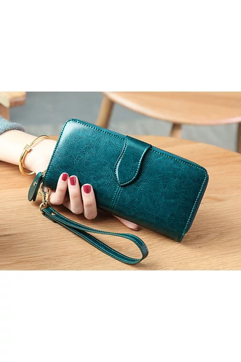 Portfel damski Bonluo w kolorze turkusowym, wykonany z najwyższej jakości skóry naturalnej, z dwiema przegrodami, wymiary (19 x 9,5 x 3 cm)