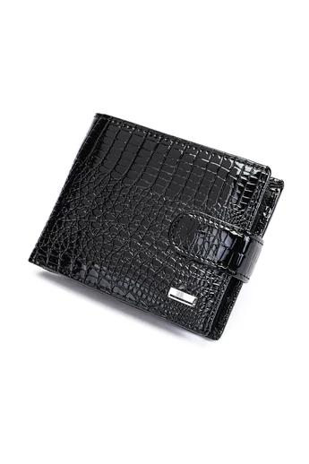 Czarny portfel Bonluo wykonany z oryginalnej lakierowanej skóry, wymiary 10*12*2,5 cm