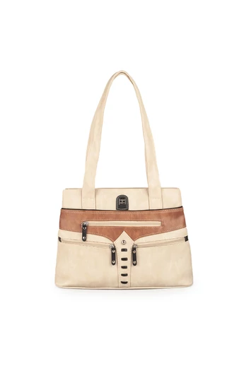  BONLUO Beżowo-brązowa torebka ze skóry ekologicznej z wieloma kieszeniami