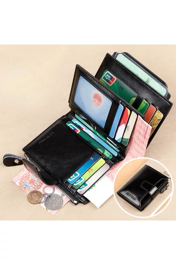 Czarny portfel damski Bonluo wykonany z prawdziwej skóry z wieloma przegródkami Wymiary (12,5 x 9,5 x 2,5 cm)