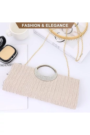  Elegancka beżowa torebka Bonluo z metalowym uchwytem wysadzanym kryształkami, wymiary (28 x 13 x 4 cm)