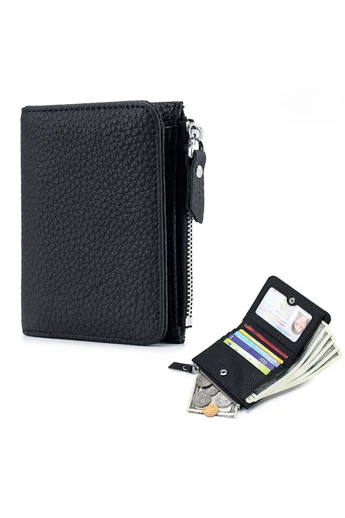  Czarny mini portfel damski Bonluo ze skóry naturalnej (11*9*2 cm)