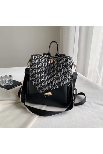 Plecak Damski I Torebka Na Ramię Bonluo Czarna Z Motywem Liter Ze Skóry Ekologicznej 32*25*14 cm