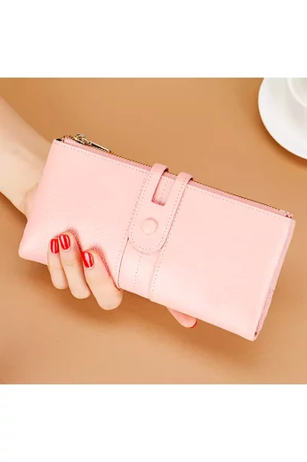  Portfel damski Bonluo w kolorze jasnoróżowym, wykonany ze skóry naturalnej, z wieloma przegródkami, wymiary (18*10*cm)