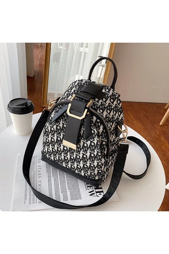  Czarny damski plecak Bonluo z wzorem liter wykonany z poliuretanu i płótna, mały rozmiar 25*20*11 cm