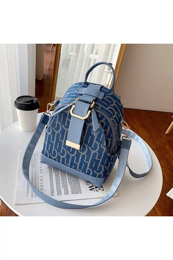  Plecak damski Bonluo w kolorze niebieskim z wzorem liter, wykonany z poliuretanu i płótna, mały rozmiar 25*20*11 cm
