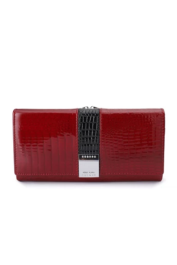  Elegancki damski portfel Bonluo w kolorze czerwonym wykonany z oryginalnej lakierowanej skóry z wzorem krokodyla, wymiary 9*18*3 cm