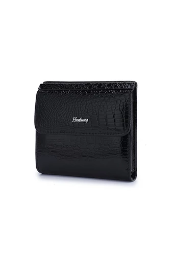  Portfel damski Bonluo z czarnej lakierowanej skóry z wzorem krokodyla, rozmiar 10,5*10*1,5 cm