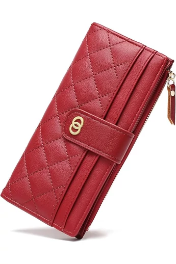  Elegancki portfel damski Bonluo Red ze skóry ekologicznej z ochroną RFID i wieloma przegródkami, wymiary 19*10*2 cm