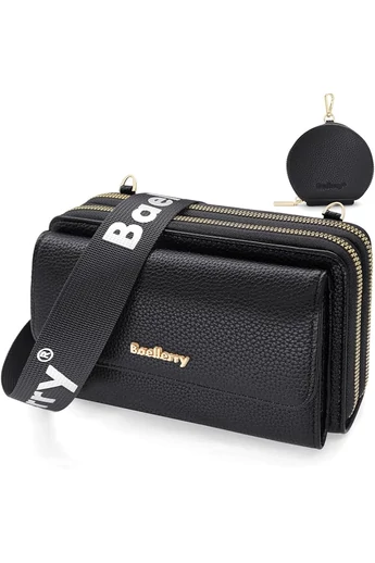  Portfel Bonluo z czarnej skóry ekologicznej, 2 w 1, torba na ramię o kompaktowej konstrukcji z dołączonym mini portfelem, wymiary 11*19*7 cm