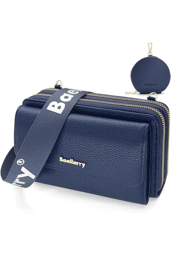  Portfel Bonluo z ciemnoniebieskiej skóry ekologicznej, 2 w 1, torba na ramię o kompaktowej konstrukcji z dołączonym mini portfelem, wymiary 11*19*7 cm