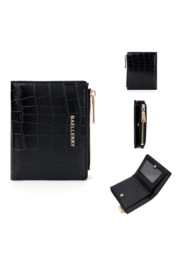  Mały czarny portfel składany na pół z imitacji skóry lakierowanej ze wzorem krokodyla Rozmiar 9,5*11,5*3 cm