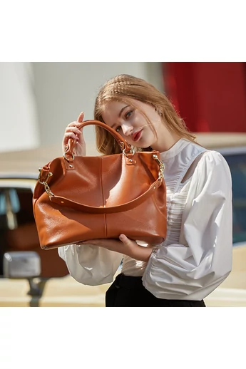  Brązowa torebka damska Bonluo z naturalnej skóry, elegancki styl ze złotymi detalami (38*28*15)