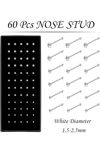  Biały piercing do nosa ze stali chirurgicznej 316 L, hipoalergiczny (zestaw 60 szt.)