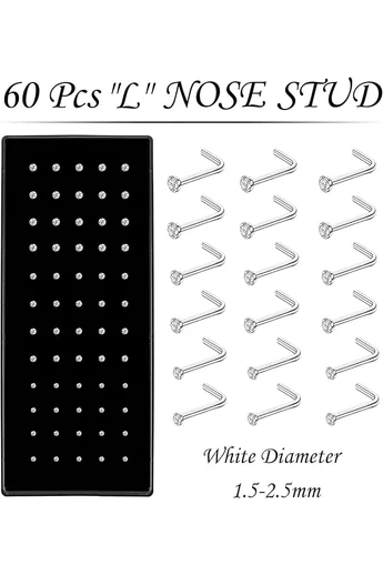 Biały piercing do nosa w kształcie litery „L” ze stali chirurgicznej, hipoalergiczny (zestaw 60 szt.)