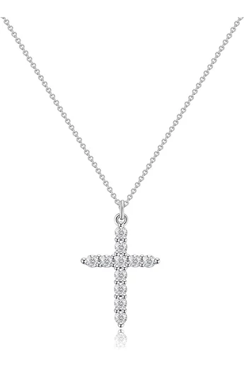  Delikatny łańcuszek Bonluo ze stali nierdzewnej, platerowany 18-karatowym białym złotem, ozdobiony wisiorkiem w kształcie krzyża z mikro-inkrustacją z cyrkonii sześciennych