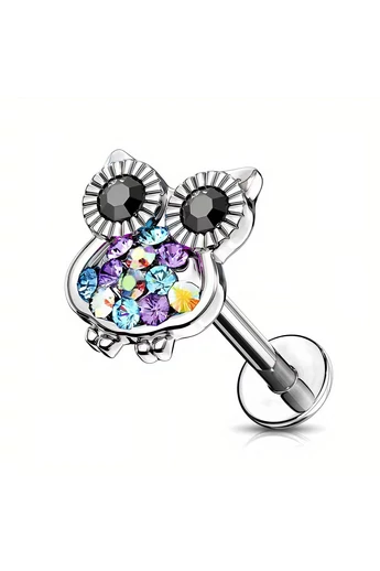  Kolczyk do ucha w kształcie sowy ze stali chirurgicznej 316L z kolorowymi kryształkami
