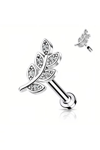 Srebrny kolczyk do ucha z wzorem liścia i kryształami wykonany ze stali chirurgicznej 316L