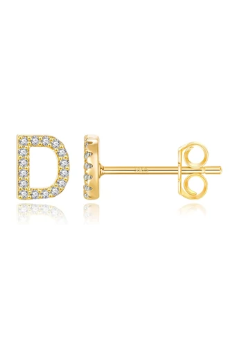  Hipoalergiczne kolczyki ze srebra S925 w kształcie litery „D” w kolorze złotym z błyszczącymi kryształkami