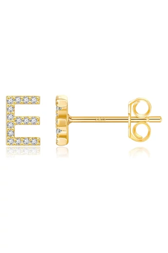  Hipoalergiczne kolczyki ze srebra S925 w kształcie litery „E” w kolorze złotym z błyszczącymi kryształami