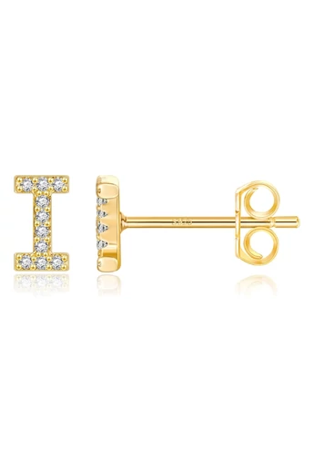  Hipoalergiczne kolczyki ze srebra S925 w kształcie litery „I” w kolorze złotym z błyszczącymi kryształkami