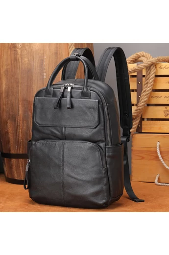  Plecak unisex Bonluo z czarnej, naturalnej skóry z miejscem na laptopa 13,3 cala (37*26*12 cm)