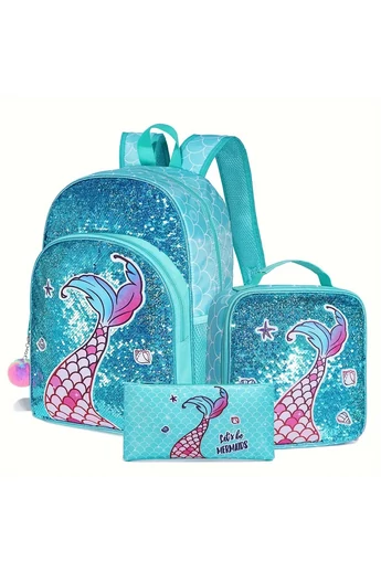  Jasnoturkusowy zestaw plecaków szkolnych dla dziewcząt z motywem syreny, ozdobiony cekinami (3 szt.)