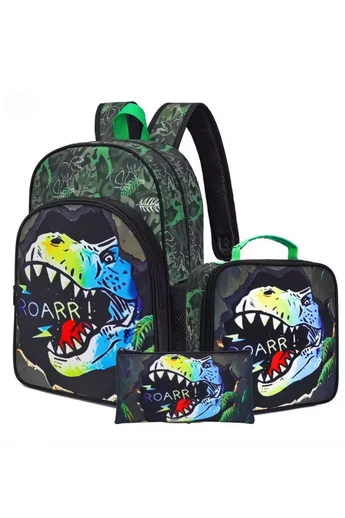 Zestaw plecaków szkolnych dla chłopców, zielony z czarnym wzorem dinozaurów (3 szt.)