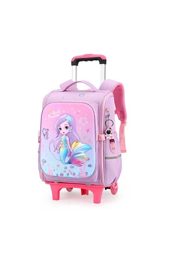  Fioletowy plecak na kółkach dla dzieci z motywem syreny i odpinanym uchwytem, wytrzymały poliester, 37*38*18 cm