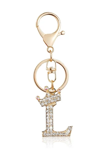 Elegancki brelok z inicjałem „L” ozdobiony koroną i błyszczącymi kryształkami