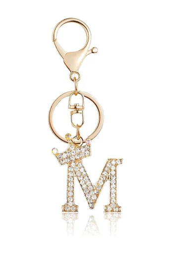Elegancki brelok z inicjałem „M” ozdobiony koroną i błyszczącymi kryształkami