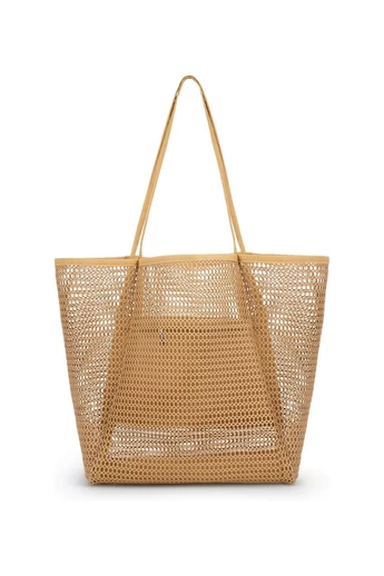  Siatkowa torba plażowa z podstawą Oxford, brązowa, składana, lekka, duża pojemność, 37*35*14 cm, Bonluo