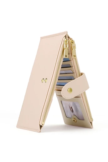  Portfel damski RFID wykonany z beżowej skóry PU z 16 przegródkami na karty 19,5*11*2 cm