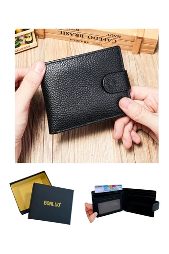  Portfel męski Bonluo, czarny, ze skóry naturalnej, rozszerzalny, 11,5*9,5*1,5 cm