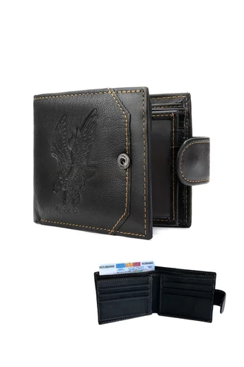  Portfel męski w kolorze czarnym Bonluo z wzorem sępa, materiał: skóra naturalna, wymiary (9,5 x 11 x 1,5 cm)