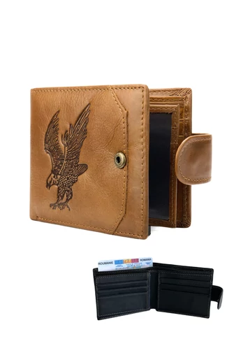  Portfel męski w kolorze brązowym, wzór sępa Bonluo, materiał: skóra naturalna, wymiary (9,5 x 11 x 1,5 cm)