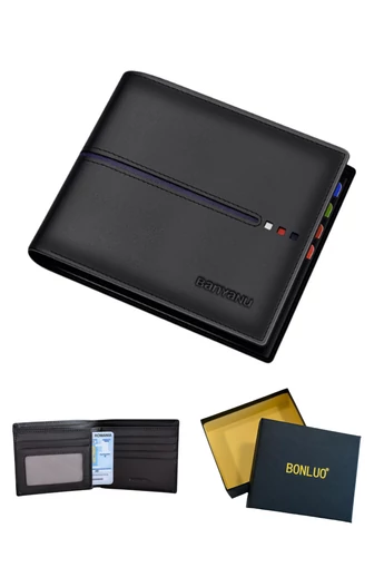 Portfel męski Bonluo w kolorze czarnym, na kartę, wykonany z prawdziwej skóry, najwyższej jakości, rozmiar (12*10*1 cm)
