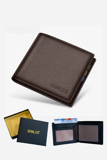 Brązowy portfel męski Bonluo ze skóry naturalnej, wymiary 9,5×11,5×0,7 cm