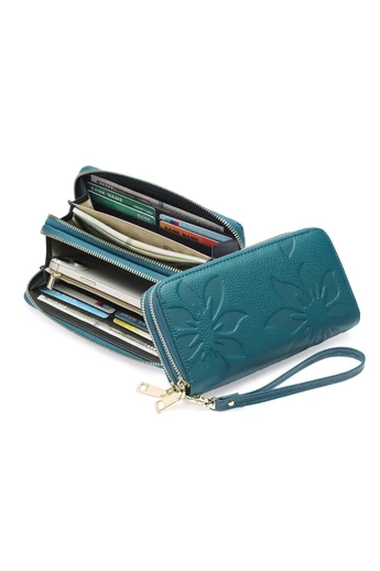  Damski niebieski portfel PU z ochroną RFID, elegancki kwiatowy wzór Bonluo 19*10*4 cm