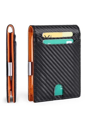  Smukły portfel RFID ze skóry PU, kompaktowy design, czarno-pomarańczowy, Bonluo, 12*9*1,5 cm